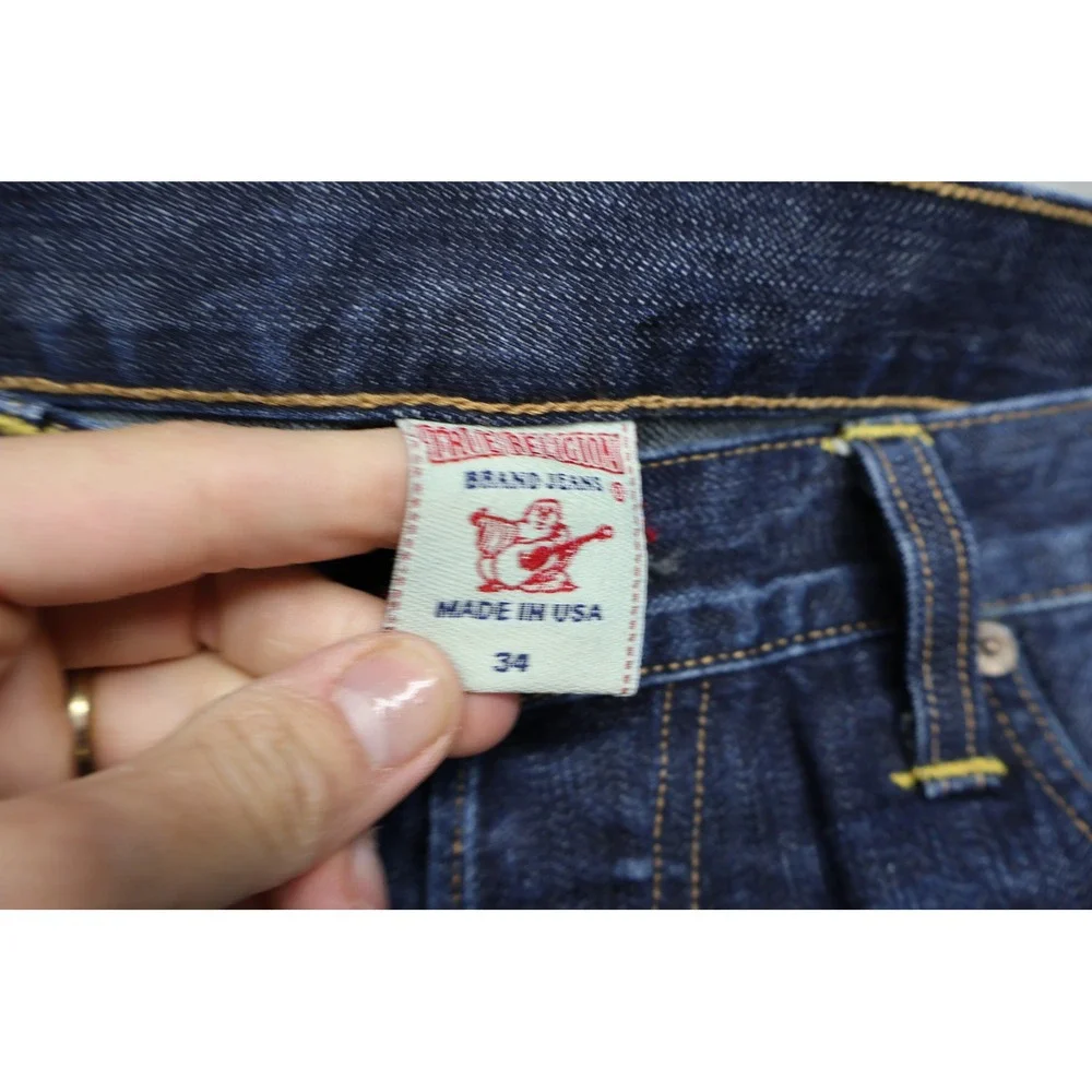 True Religion Bobby Baggy Jeans Men 34x32 Dark‎ Denim Straight Whisker Fade USA